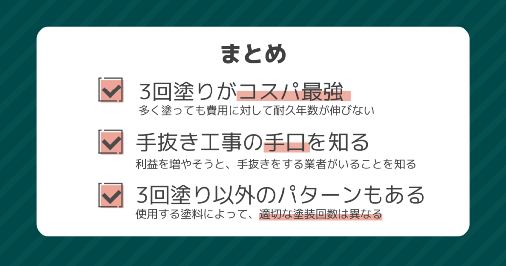 まとめでは、3回塗りがコスパ最強、手抜き工事の手口を知る、3回塗り以外のパターンもあるの説明図解