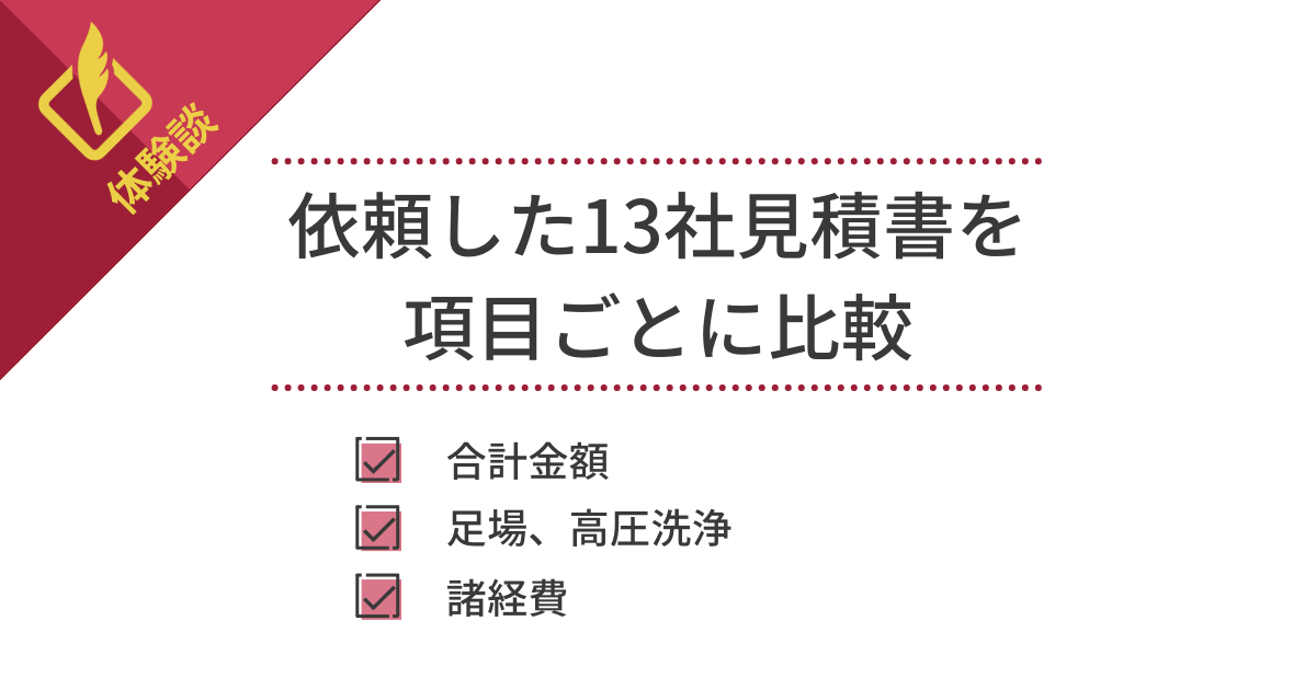 合計金額、塗料、足場、高圧洗浄、諸経費の見積書の価格を比較