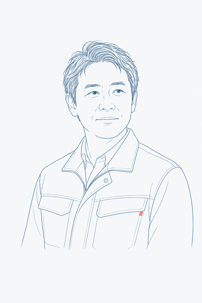 外壁塗装ハック運営者・川東治郎の似顔絵。作業用ジャケットを着た男性を細い線で描いた線画
