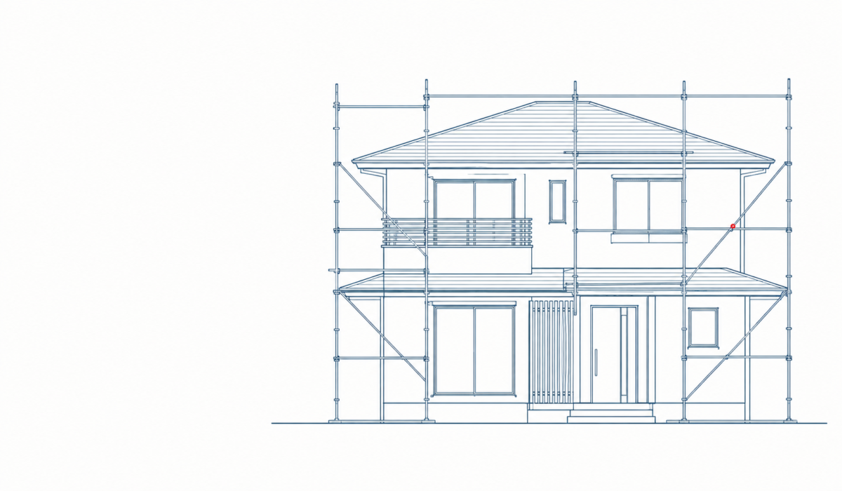 足場を組んだ2階建て住宅の設計図風の線画イラスト