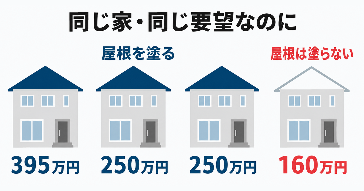 同じ家に同じ要望を出した4社の比較図。3社は屋根を塗る前提で395万円・250万円・250万円、1社だけ屋根を塗らず160万円
