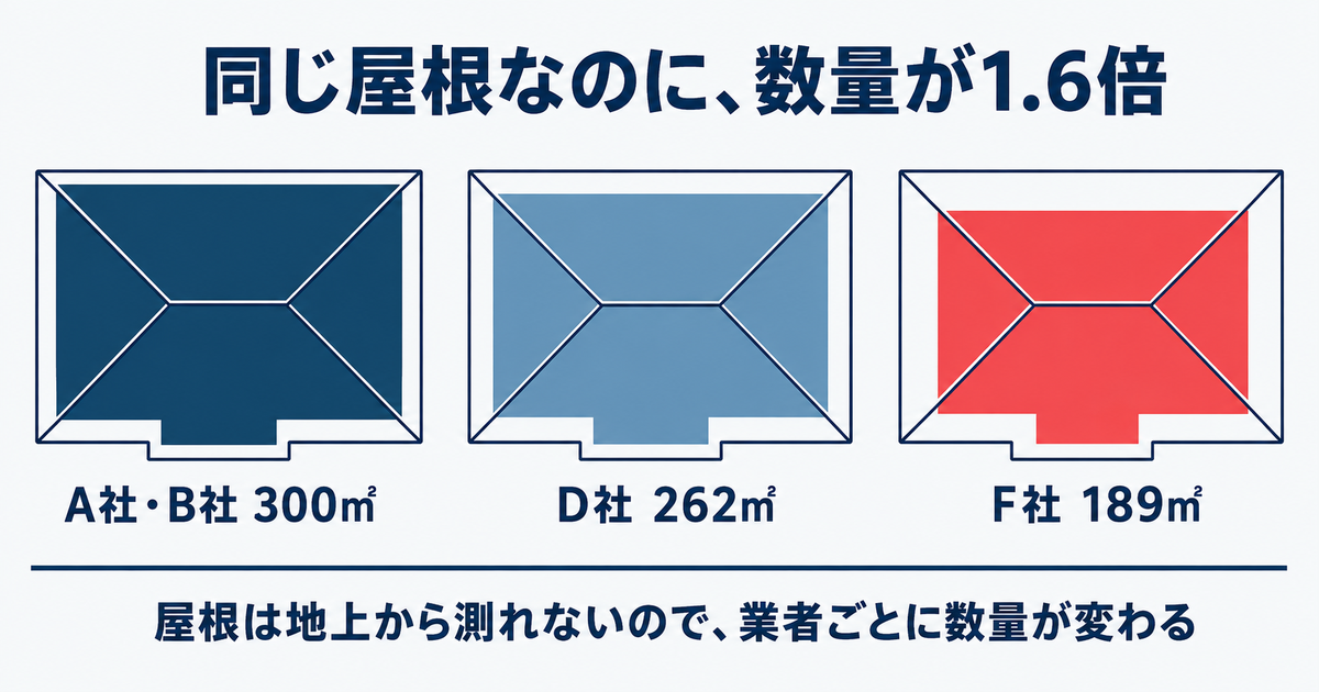 同じ屋根なのに見積書の数量が1.6倍ちがうことを示す図。A社とB社が300平方メートル、D社が262平方メートル、F社が189平方メートル