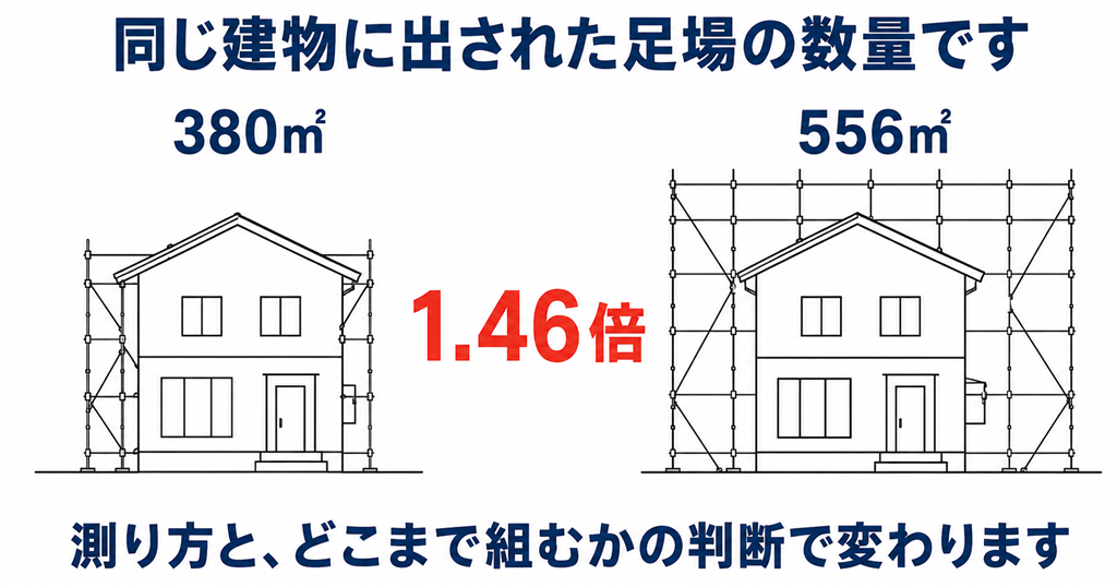 同じ建物に対して出された足場の数量の比較。最小380㎡と最大556㎡で1.46倍の差があった