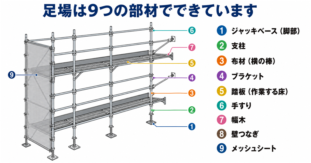足場の部材構成図。1.ジャッキベース 2.支柱 3.布材 4.ブラケット 5.踏板 6.手すり 7.幅木 8.壁つなぎ 9.メッシュシートを番号付きで解説