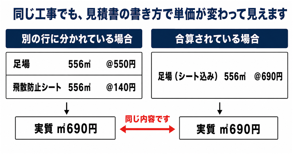 足場の見積書の書き方の違い。飛散防止シートが別行の場合と合算されている場合で、単価の見え方が変わる