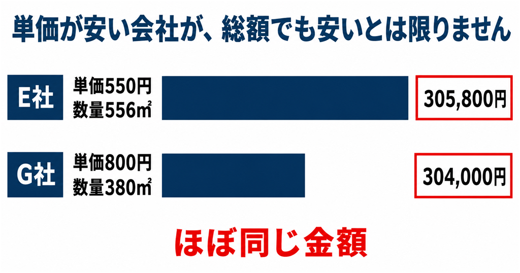 足場の単価と数量の関係。㎡550円のE社は556㎡で305,800円、㎡800円のG社は380㎡で304,000円とほぼ同額になる