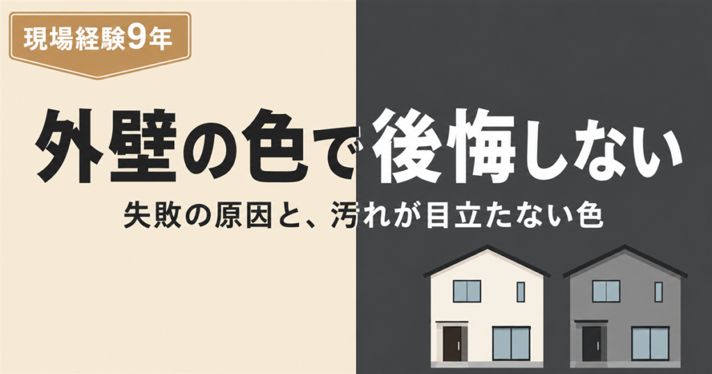 外壁の色で後悔しないための記事のアイキャッチ。明るいベージュの家と濃いグレーの家を並べ、失敗の原因と汚れが目立たない色を解説すると示している