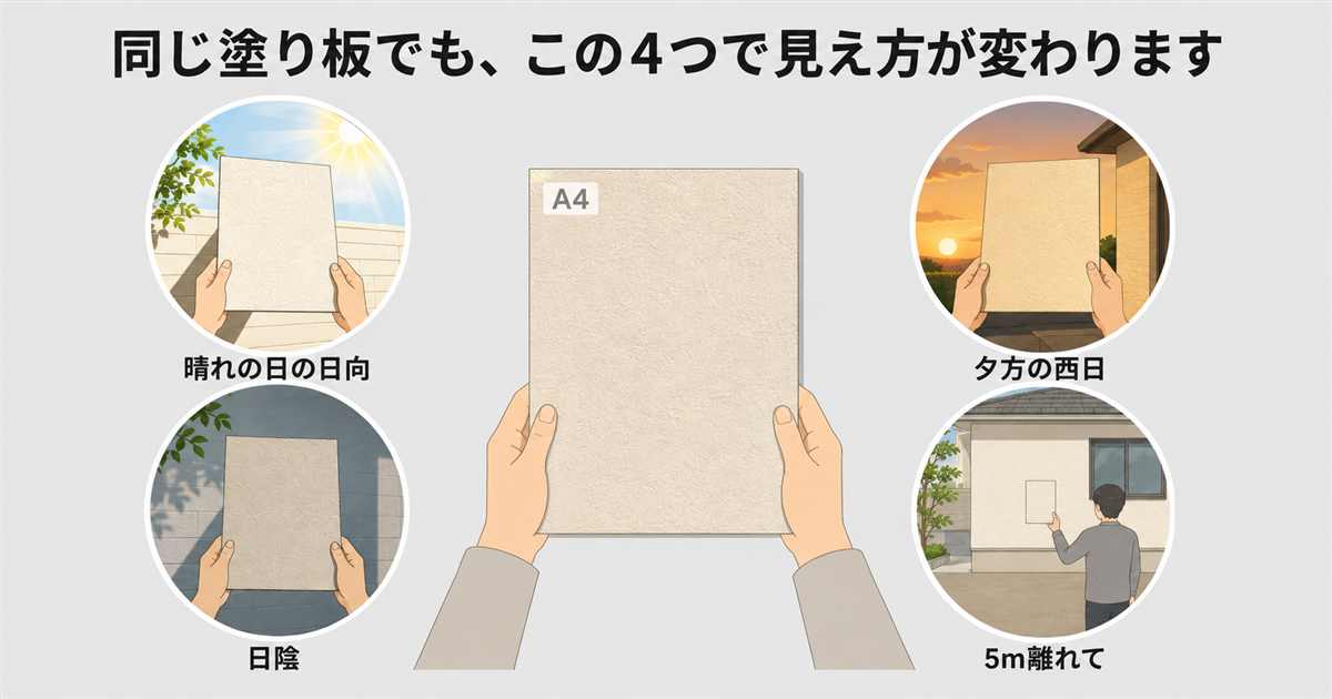 同じA4の塗り板でも、晴れの日の日向・日陰・夕方の西日・5m離れての4つで見え方が変わることを示した図
