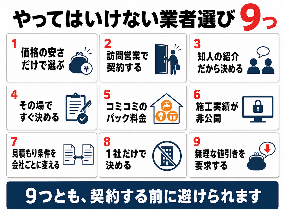 外壁塗装でやってはいけない業者選び9つの一覧。価格の安さだけで選ぶ、訪問営業で契約する、1社だけで決めるなど