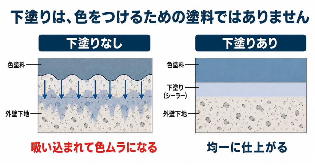 下塗りの役割を示した比較図。下塗りがないと塗料が外壁材に吸い込まれて色ムラになる