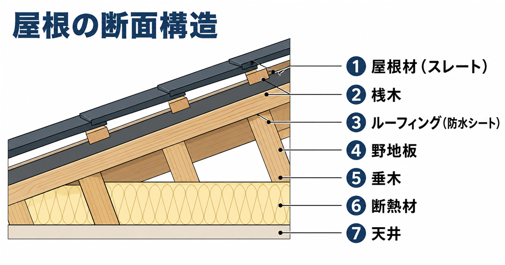 屋根の断面構造図。1.屋根材(スレート)2.桟木 3.ルーフィング(防水シート)4.野地板 5.垂木 6.断熱材 7.天井を番号付きで解説