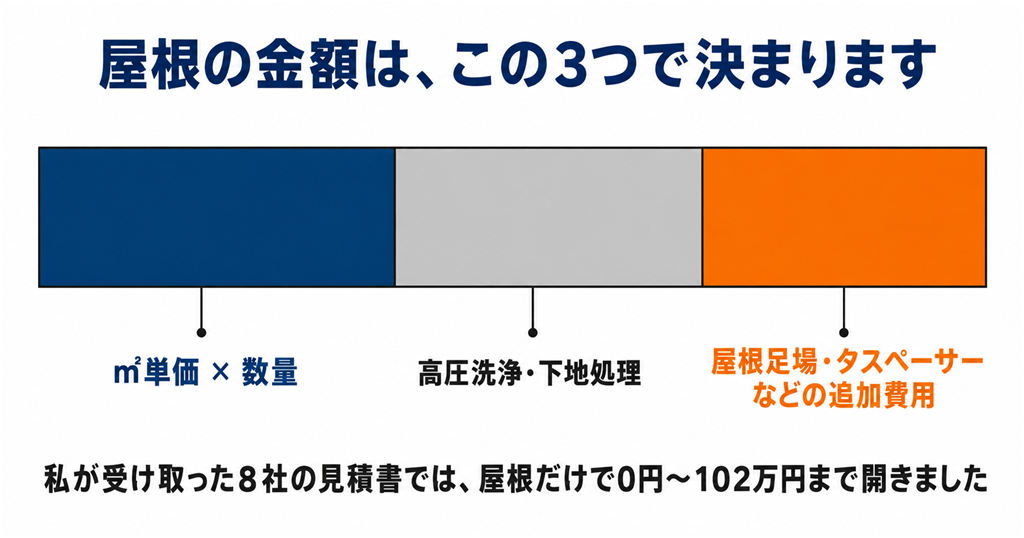 屋根塗装の金額の内訳図。㎡単価×数量に、高圧洗浄・下地処理、屋根足場やタスペーサーなどの追加費用が加わる