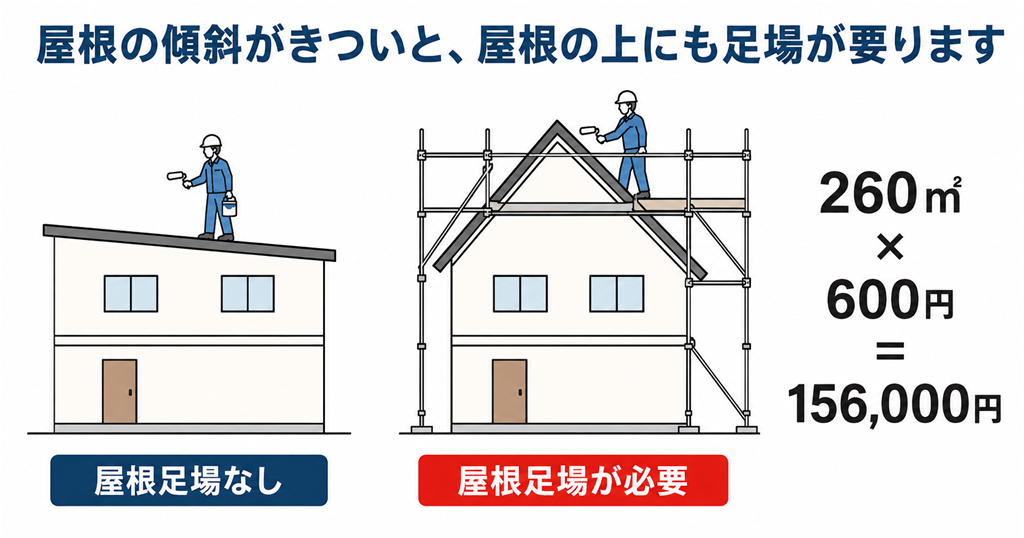 急勾配屋根には屋根足場が必要になることを示した比較図。見積書では260㎡×600円で156,000円が計上されていた