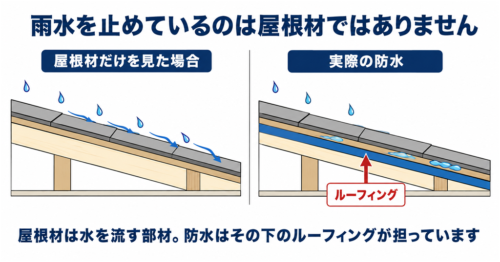 屋根の防水の仕組み。屋根材は水を流す部材で、実際に雨水を止めているのは下のルーフィング(防水シート)であることを示した比較図