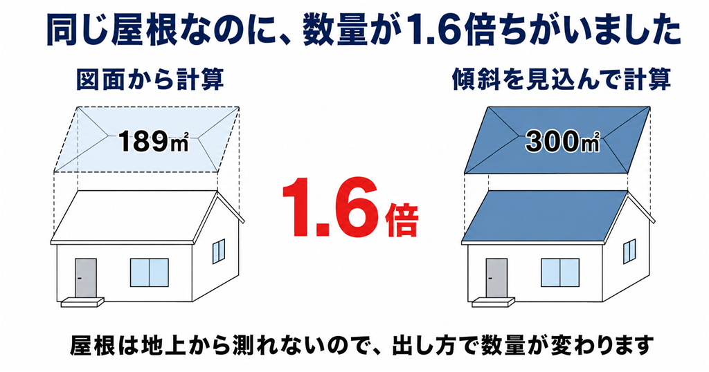 屋根の数量が会社によって違う理由の図。図面から計算すると189㎡、傾斜を見込むと300㎡で1.6倍の差が出る