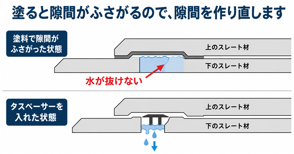 タスペーサーと縁切りの説明図。塗料で屋根材の隙間がふさがると水が抜けなくなるため、部品を挟んで隙間を確保する